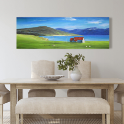 Canvas 20 x 60 - Scottish highlands with a little red roof house