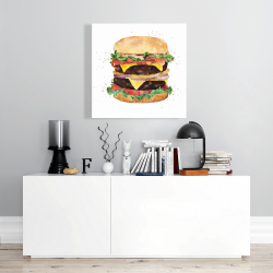 Toile 24 x 24 - Cheeseburger double tout garni à l'aquarelle