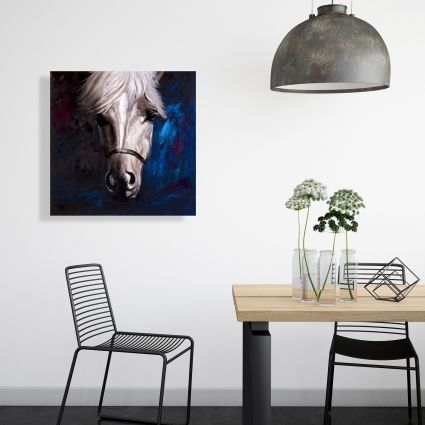 White horse on blue background