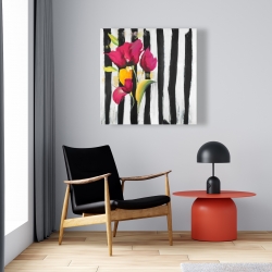 Canvas 24 x 24 - Pink flowers on black stripes