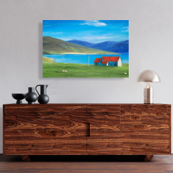 Canvas 24 x 36 - Scottish highlands with a little red roof house