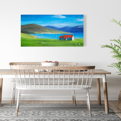 Canvas 24 x 48 - Scottish highlands with a little red roof house