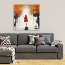 Canvas 36 x 36 - Woman with a red coat by fall