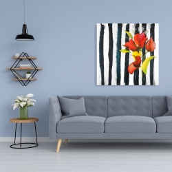 Canvas 36 x 36 - Flowers on black and white stripes