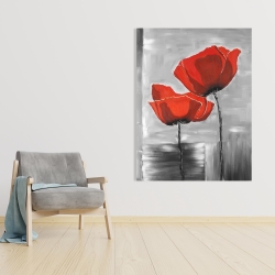 Toile 36 x 48 - Deux fleurs rouges sur fond en tons de gris