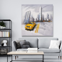 Toile 48 x 48 - Esquisse de ville et d'un taxi jaune