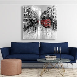 Toile 48 x 48 - Rue en noir et blanc avec bus rouge