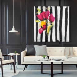 Canvas 48 x 48 - Pink flowers on black stripes