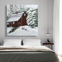 Toile 48 x 48 - Grange rouge dans la neige
