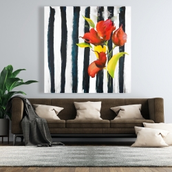 Canvas 48 x 48 - Flowers on black and white stripes