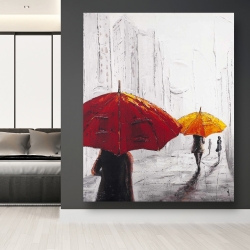 Canvas 48 x 60 - Passersby with umbrellas walking down the street