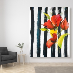 Canvas 48 x 60 - Flowers on black and white stripes