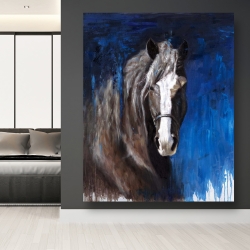 Toile 48 x 60 - Cheval brun sur fond bleu