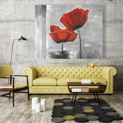 Toile 48 x 60 - Deux fleurs rouges sur fond en tons de gris