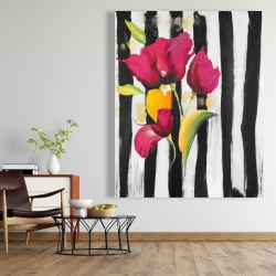 Canvas 48 x 60 - Pink flowers on black stripes