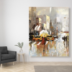 Toile 48 x 60 - Passants avec leur parapluie traversant la rue