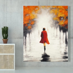 Canvas 48 x 60 - Woman with a red coat by fall