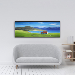 Framed 16 x 48 - Scottish highlands with a little red roof house