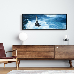 Framed 16 x 48 - Unleashed waves on a lighthouse