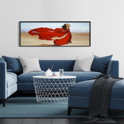 Framed 16 x 48 - Woman with a long red dress in the desert