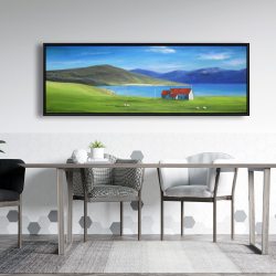 Framed 20 x 60 - Scottish highlands with a little red roof house