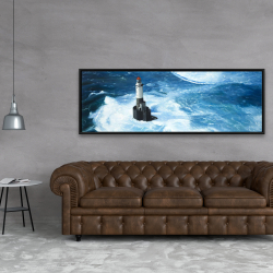 Framed 20 x 60 - Unleashed waves on a lighthouse