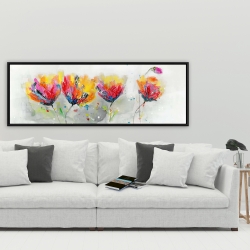 Encadré 20 x 60 - Quatre fleurs colorées sur fond gris