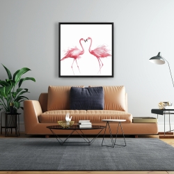 Framed 24 x 24 - Two pink flamingo watercolor