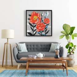 Framed 24 x 24 - Pink flowers with blue leaves