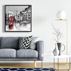Framed 24 x 24 - Abstract gray city with red bus