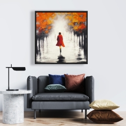 Framed 24 x 24 - Woman with a red coat by fall