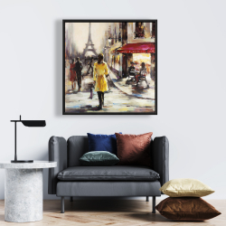 Framed 24 x 24 - Yellow coat woman walking on the street