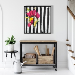 Framed 24 x 24 - Pink flowers on black stripes