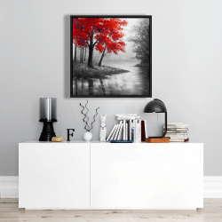 Framed 24 x 24 - Red trees and lake