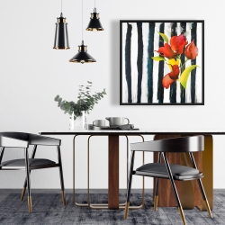 Framed 24 x 24 - Flowers on black and white stripes