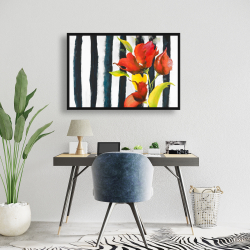 Framed 24 x 36 - Flowers on black and white stripes