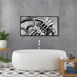 Framed 24 x 48 - Musician with french horn monochrome