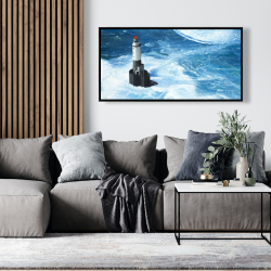 Framed 24 x 48 - Unleashed waves on a lighthouse