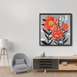 Framed 36 x 36 - Pink flowers with blue leaves