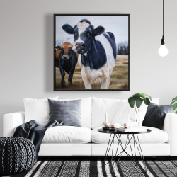 Framed 36 x 36 - Two cows eating grass