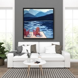 Framed 36 x 36 - Lake, dock, mountains & chairs