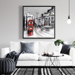 Framed 36 x 36 - Abstract gray city with red bus
