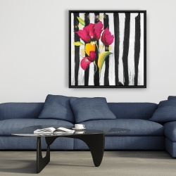 Framed 36 x 36 - Pink flowers on black stripes