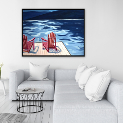 Framed 36 x 48 - Lake, dock, mountains & chairs