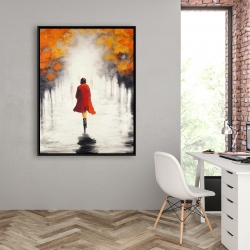 Framed 36 x 48 - Woman with a red coat by fall