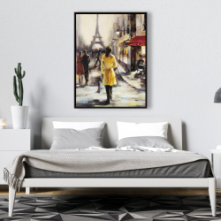 Framed 36 x 48 - Yellow coat woman walking on the street