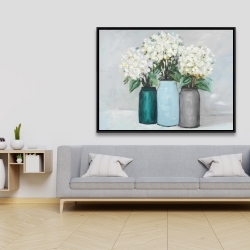 Framed 36 x 48 - Hydrangea flowers in blue vases