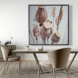 Framed 48 x 48 - Sepia poppy head flowers