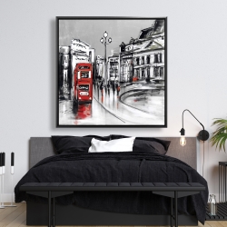 Framed 48 x 48 - Abstract gray city with red bus