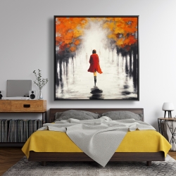 Framed 48 x 48 - Woman with a red coat by fall